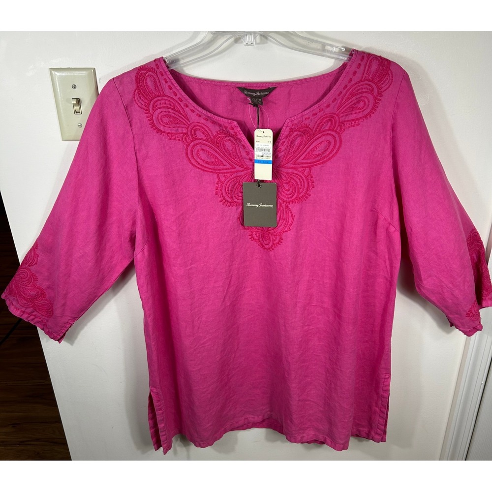 Tommy Bahama Linen Tunic Top Women XL Fuchsia Pink Embroidered Resort Chic NEW